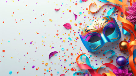 Dynamic carnival design showcasing colorful masks and playful decorations against a clean white background generative aiの素材