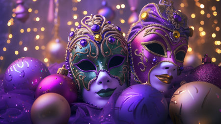 Dynamic carnival design with energetic masks and festive ornaments against a captivating lavender background, generative aiの素材