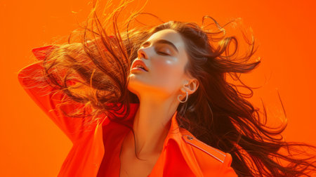 Dynamic studio capture of a woman in motion, surrounded by a bold orange background, generative aiの素材