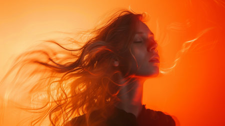 Dynamic studio capture of a woman in motion, surrounded by a bold orange background, generative aiの素材