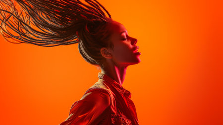 Dynamic studio capture of a woman in motion, surrounded by a bold orange background, generative aiの素材