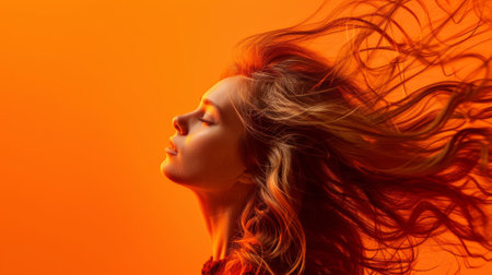 Dynamic studio capture of a woman in motion, surrounded by a bold orange background, generative aiの素材