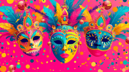 Vibrant carnival design with colorful masks and festive decorations on a lively pink background. generative aiの素材