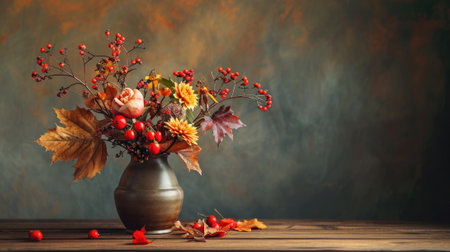 vase with an arrangement of flowers and autumn generative aiの素材