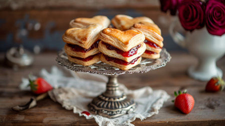 Glazed heart-shaped pastries filled with strawberry jam generative aiの素材