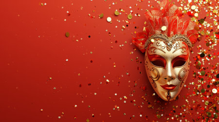 golden and red mask near confetti, on solid minimalist background generative aiの素材