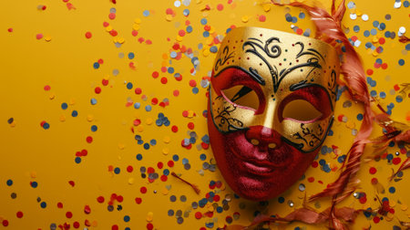 golden and red mask near confetti, on solid minimalist background generative aiの素材