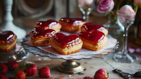 Glazed heart-shaped pastries filled with strawberry jam generative aiの素材