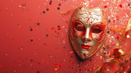 golden and red mask near confetti, on solid minimalist background generative aiの素材
