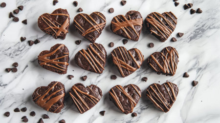 Heart shaped brownies drizzled with chocolate,on a marble countertop for a sweet celebration generative aiの素材
