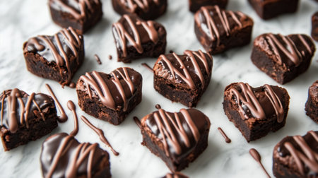 Heart shaped brownies drizzled with chocolate,on a marble countertop for a sweet celebration generative aiの素材