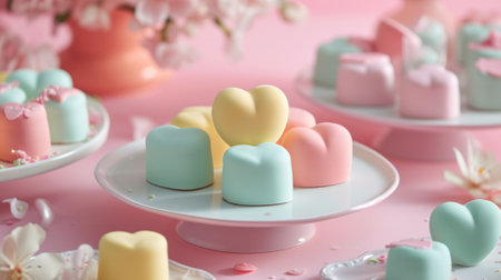 Heart-shaped petit fours with pastel-colored fondant generative aiの素材