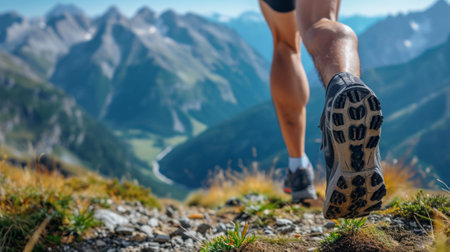 Runner's shoes making strides on a mountain ridge generative aiの素材