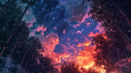 Starlit sky over a bamboo forest, with manga-style clouds generative aiの素材