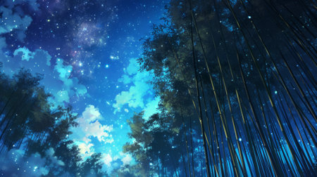 Starlit sky over a bamboo forest, with manga-style clouds generative aiの素材