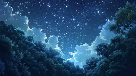 Starry night sky over a magical forest, with manga-style clouds generative aiの素材
