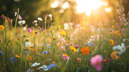 Sunlit field of wildflowers generative aiの素材