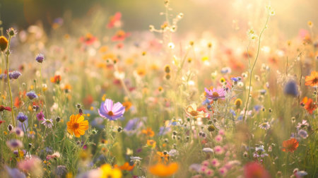 Sunlit field of wildflowers generative aiの素材