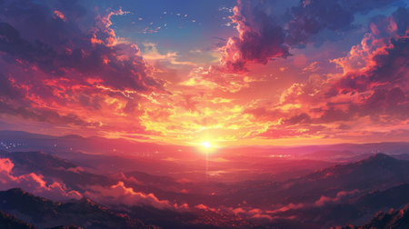 Sunset over a mountain range with warm colors filling the sky. Manga-style clouds generative aiの素材