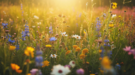 Sunlit field of wildflowers generative aiの素材