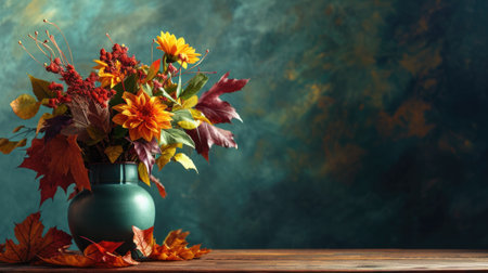 vase with an arrangement of flowers and autumn generative aiの素材