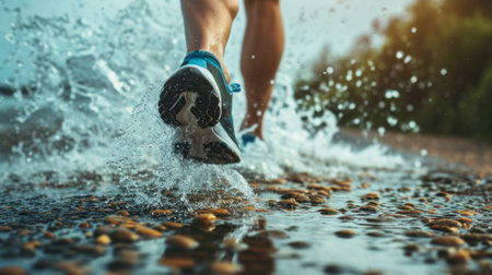Feet of a runner on a coastal path with waves crashing in the background generative aiの素材