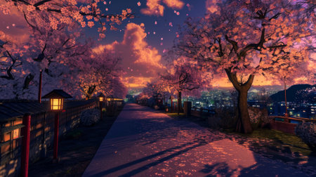 Dusk scene over a sakura blossom-filled park, with manga-style clouds generative aiの素材