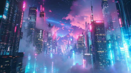 Night sky over a futuristic city, with neon lights reflecting off manga-style clouds generative aiの素材