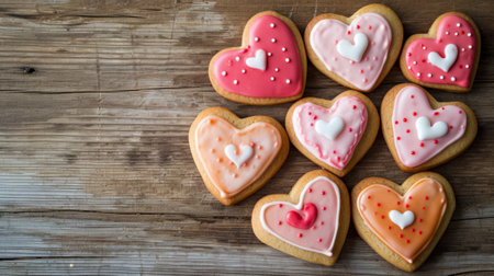 Glazed heart-shaped cookies for Valentine's Day, arranged on a rustic wooden table generative aiの素材