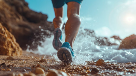 Feet of a runner on a coastal path with waves crashing in the background generative aiの素材