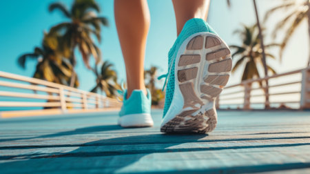 Feet of a jogger running along a vibrant boardwalk with palm trees and the sea in the background generative aiの素材