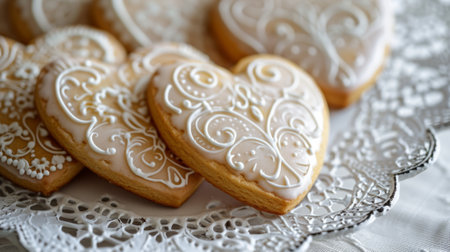 Glazed heart-shaped cookies with intricate icing designs generative aiの素材