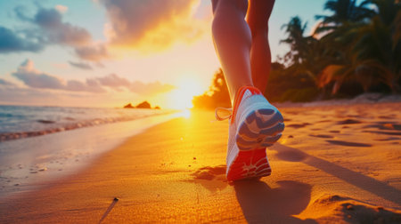 Feet of a jogger running along a picturesque beach at sunrise generative aiの素材