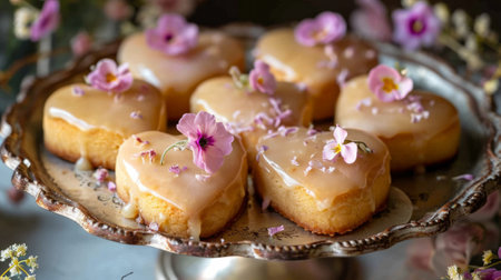 Glazed heart cookies decorated with edible flowers generative aiの素材