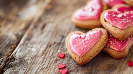 Glazed heart-shaped cookies for Valentine's Day, arranged on a rustic wooden table generative aiの素材