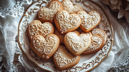 Glazed heart-shaped cookies with intricate icing designs generative aiの素材