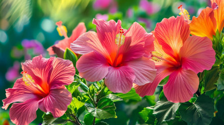 Vivid hibiscus flowers in a tropical garden generative aiの素材