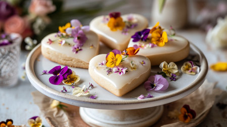 Glazed heart cookies decorated with edible flowers generative aiの素材