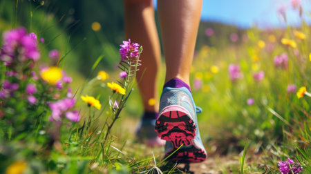 Feet of a jogger on a trail through a vibrant meadow with wildflowers generative aiの素材