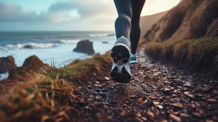 Feet of a runner on a coastal path with waves crashing in the background generative aiの素材