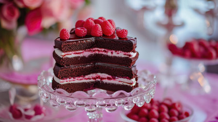 Heart-shaped cakes with layers of rich chocolate and raspberry filling, displayed on a crystal cake stand generative aiの素材