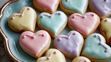 Heart-shaped sugar cookies with pastel-colored icing generative aiの素材