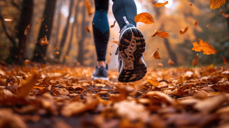 shoes hitting a forest trail covered with fallen leaves generative aiの素材