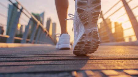 shoes hitting the pavement on a bridge during a city race generative aiの素材