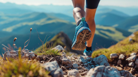 shoes making strides on a mountain ridge, with panoramic views of valleys and peaks in the background generative aiの素材