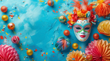 design of vibrant carnival masks and festive decorations on a blue background generative aiの素材