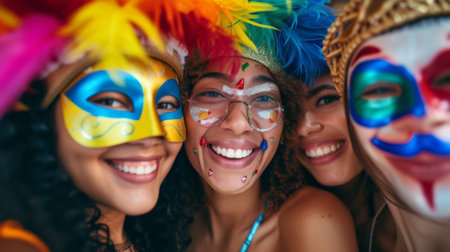 cheerful group of friends at a carnival festival, wearing vibrant masks generative aiの素材