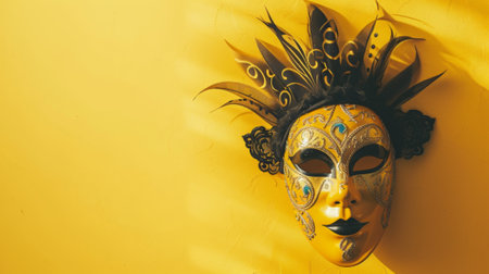 carnival mask placed on a yellow background generative aiの素材