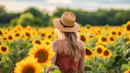 woman standing in a field of sunflowers, facing the fight against cancer generative aiの素材