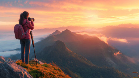 photographer on the top of the mountain, capturing a beautiful sunrise generative aiの素材
